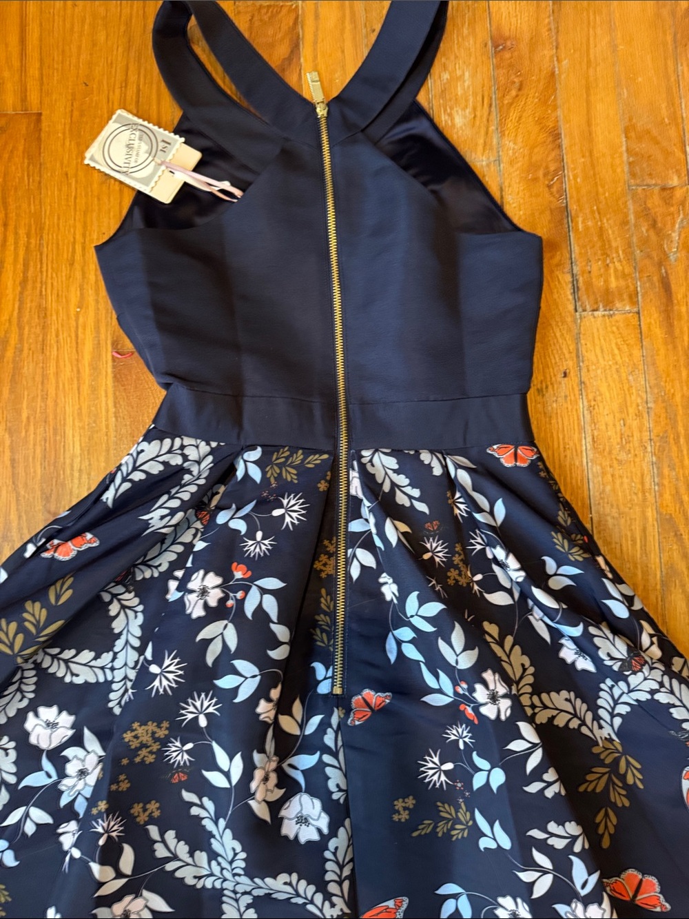 Ted Baker Navy Floral Fit-and-Flare Dress with Butterfly Print and pockets! - Picture 6 of 7